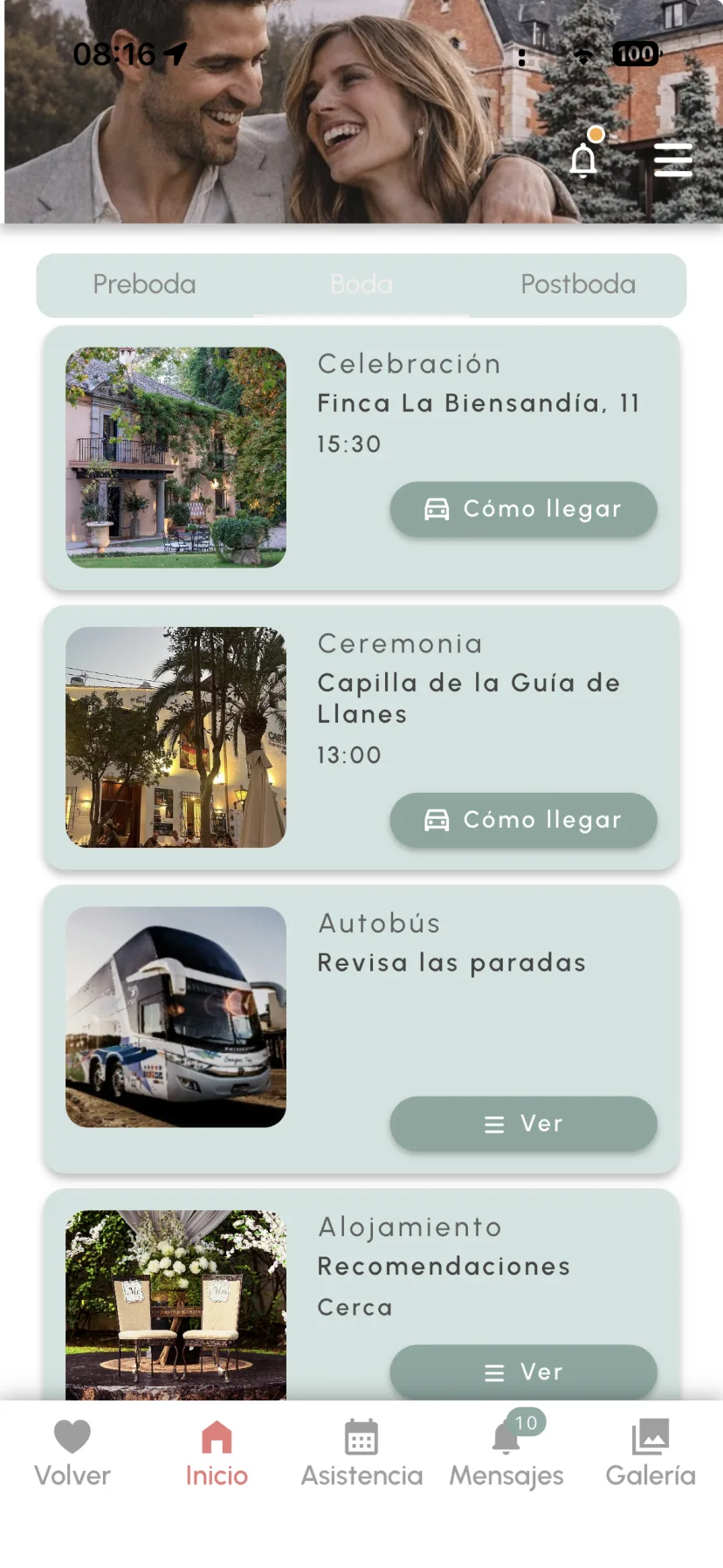 Invitación digital con ceremonia, celebración, autobús y alojamiento