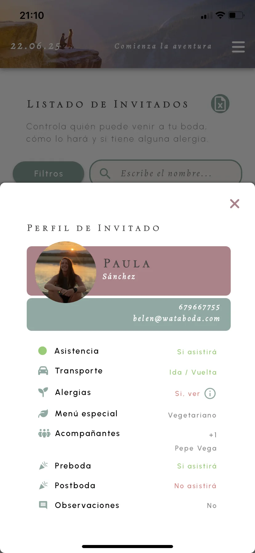 Perfil de invitado con asistencia, menú y alergias