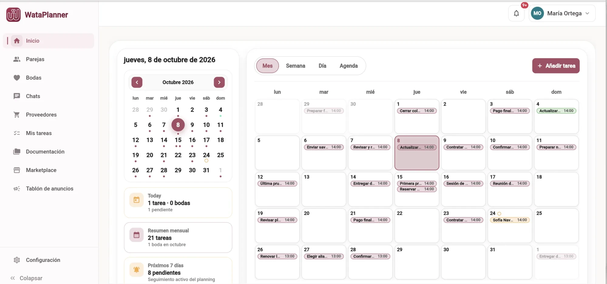 Calendario con las tareas de todas las bodas