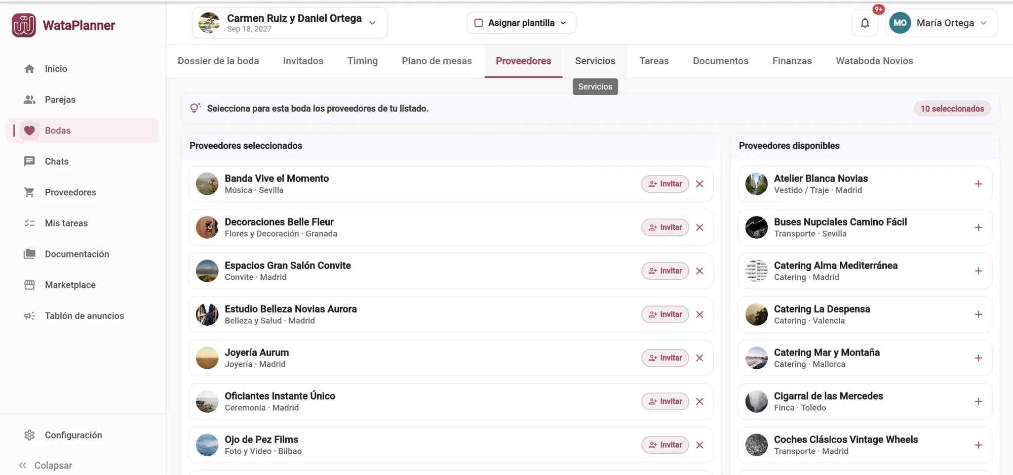 Proveedores seleccionados para una boda en Wataplanner