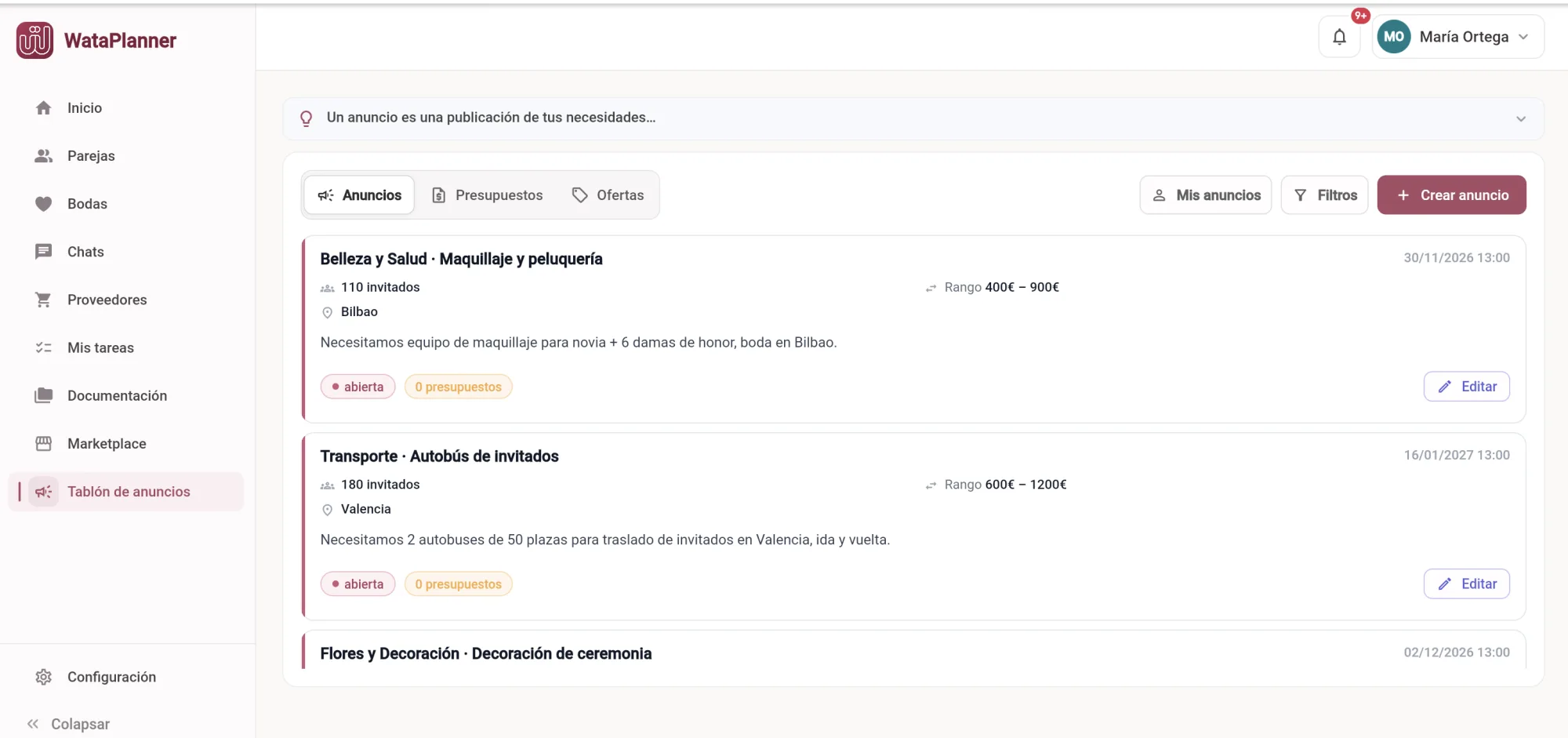 Tablón de anuncios con necesidades publicadas